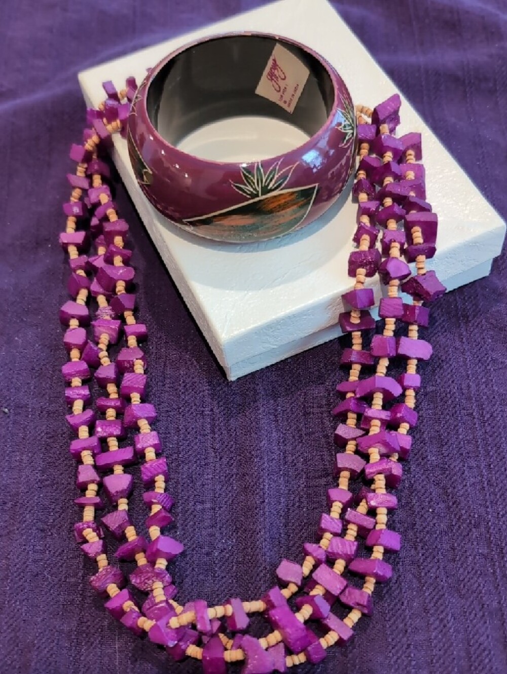 Gypsy (Pier1) Plum Floral Hand-Painted Bangle Bracelet w/Coordinating Necklace